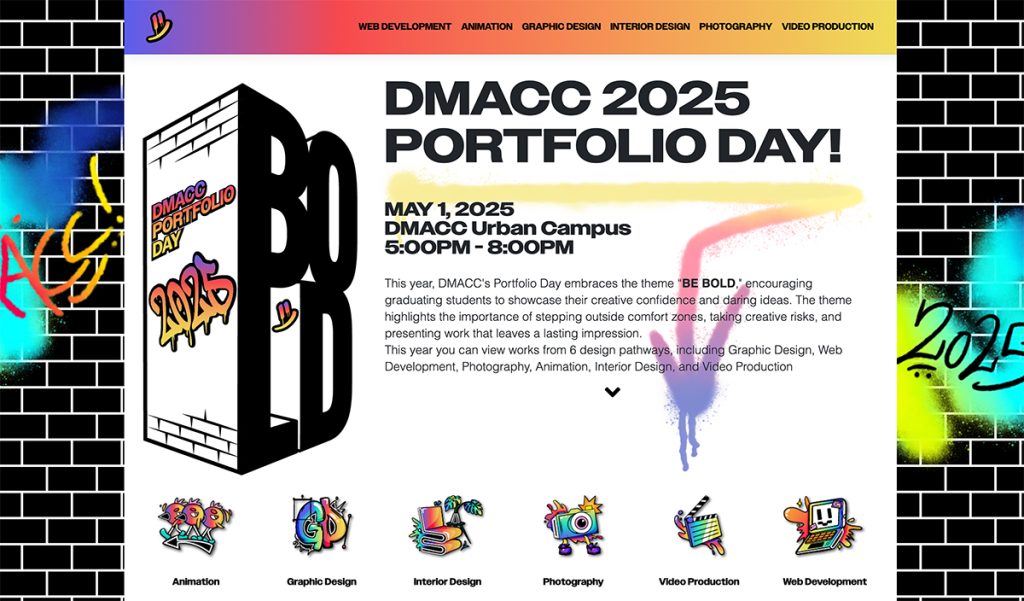 A view of the 2025 DMACC Portfolio Day website homepage.