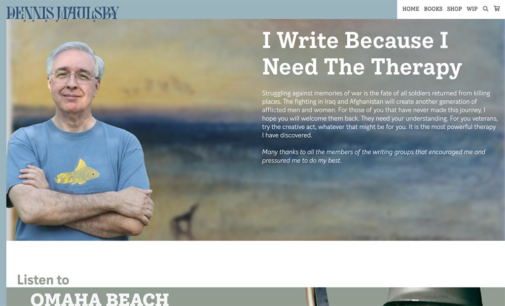A view of the redesigned website homepage for author Dennis Maulsby as it currently looks in development.