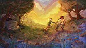 a digital illustration of two people on a walk