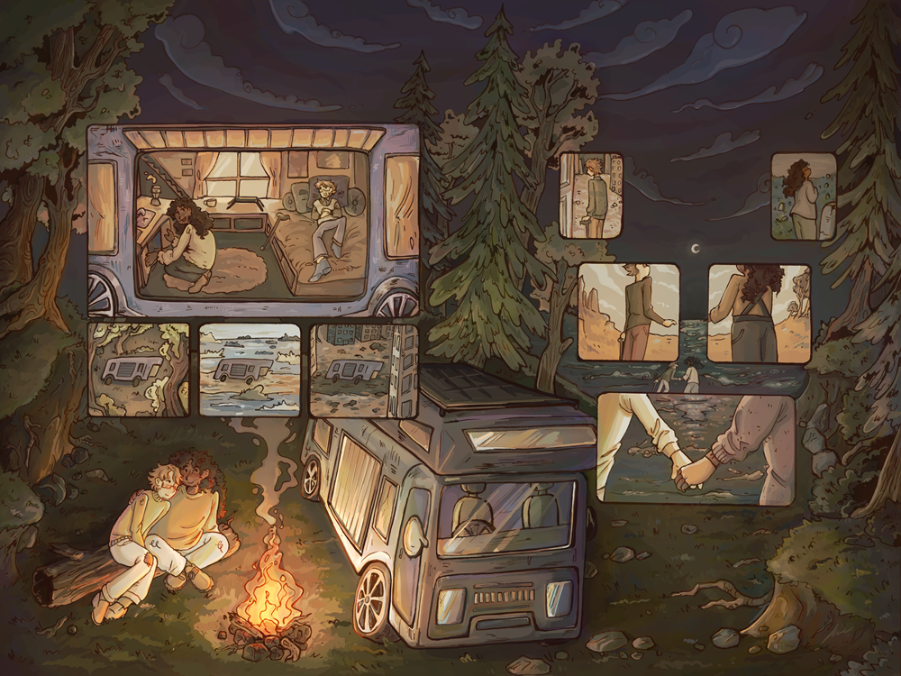 a mixed media illustration and comic about camping