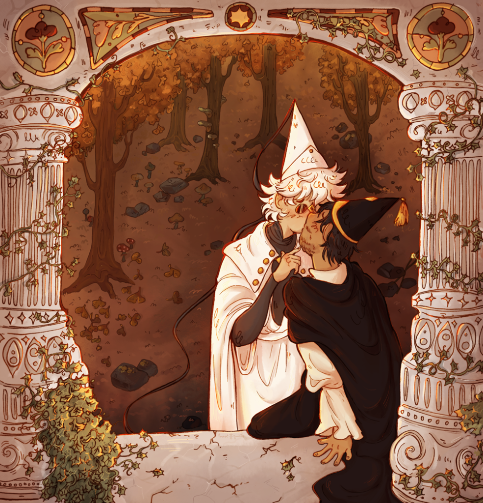 a mixed media illustration of two witches kissing